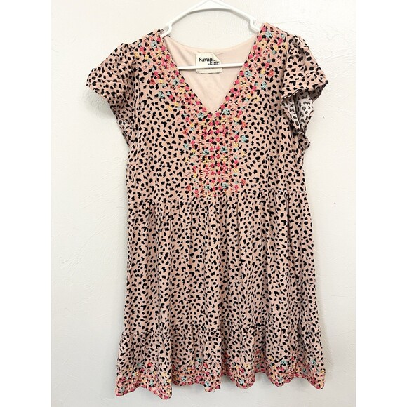 Savanna Jane Lucky in Leopard Shift Dress Embroidered Cheetah Flowers Boho Large - Picture 5 of 10